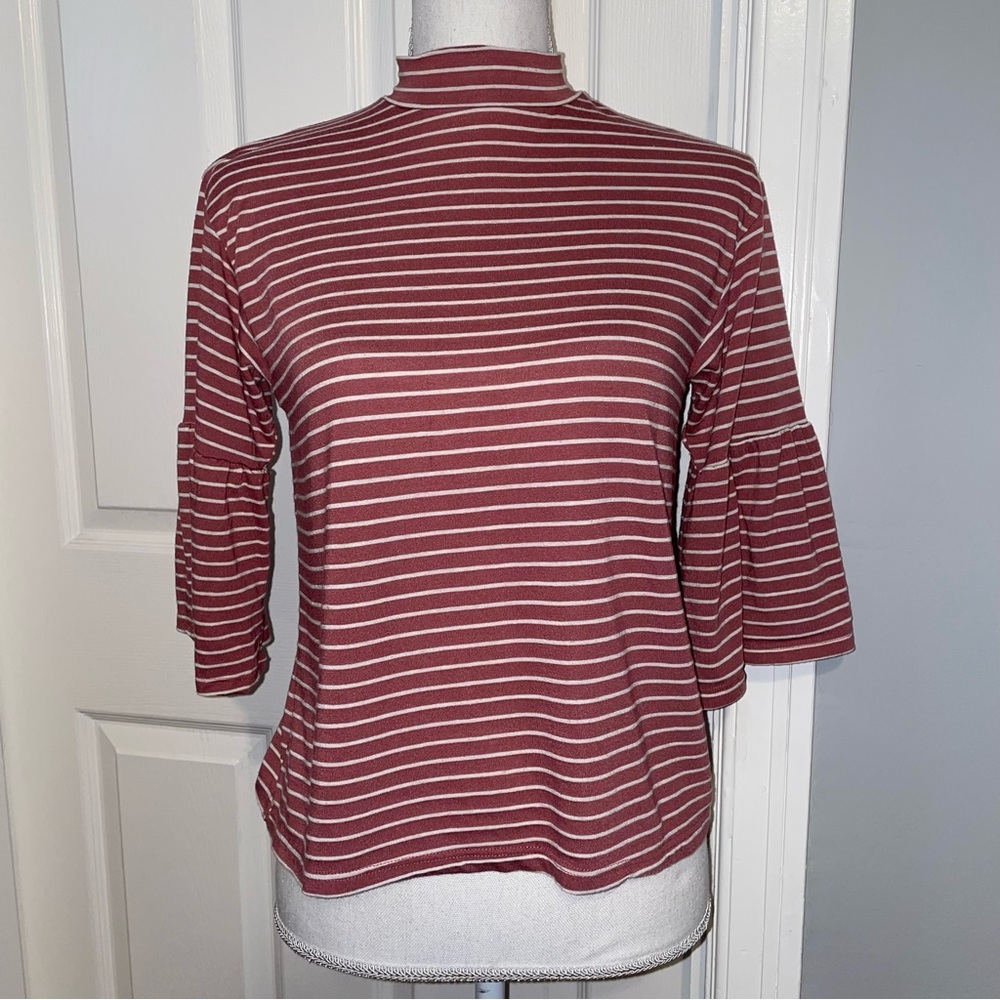 Billabong Striped Flutter Sleeve Mock Neck Tee